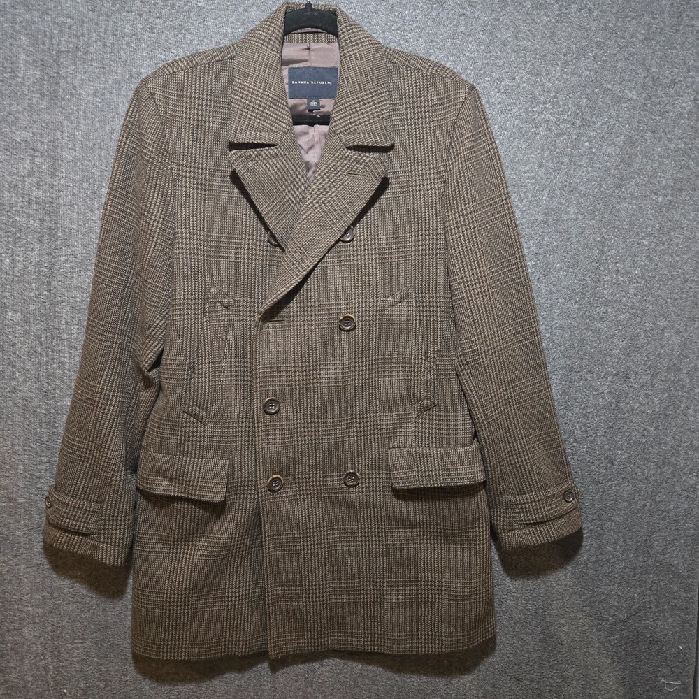 Banana Republc Overcoat Double Breasted Sz M Brown Glen Plaid Houndstooth Wool